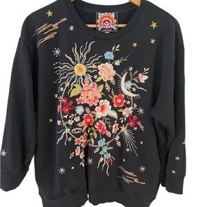 Johnny Was Lissa 3/4 Sleeve Floral Embroidered Black Sweatshirt Size L